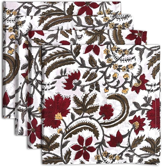Prune Red Hand Block Print 100% Cotton Napkins 18" x 18" (Set of 4) Reuseable Kitchen Napkins Cloth Decor Dinner Party Wedding Cocktail Gift for Spring, Easter, Summer by Ridhi