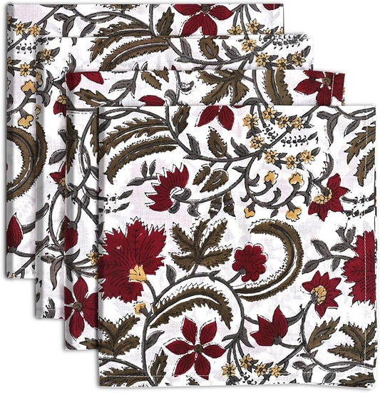 Prune Red Hand Block Print 100% Cotton Napkins 18" x 18" (Set of 4) Reuseable Kitchen Napkins Cloth Decor Dinner Party Wedding Cocktail Gift for Spring, Easter, Summer by Ridhi