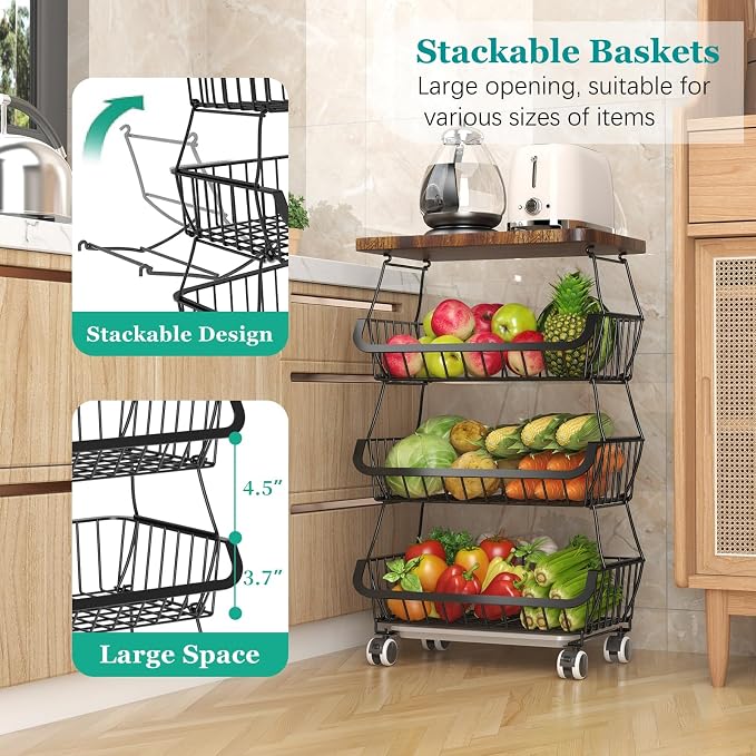 CHLORYARD Fruit Basket with Wooden Lid for Kitchen, 4-Tier Stackable Wire Fruit Vegetable Storage Basket Organizer Stand on Wheel, Produce Basket Potato Onion Storage Bins Rack Cart for Pantry - Image 3