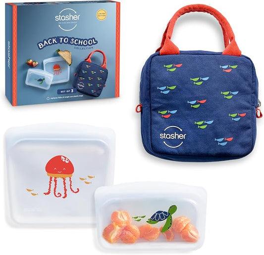 Stasher Reusable Kids Lunch Collection, 3-Pack Set with Lunch Bag | Food-Safe Silicone, BPA-Free, Leak-Free, Eco-Friendly, Dishwasher, Travel Containers, Meal Prep, Food Storage, Travel by Stasher