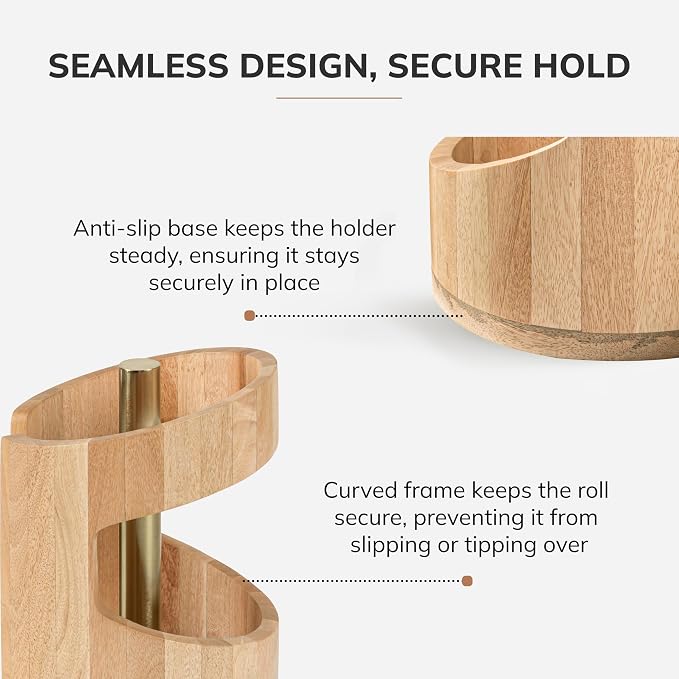 Anji Mountain Wooden Paper Towel Holder with Metal Holder, Holder Stand for Kitchen Roll Organizer & Kitchen Dining Table Home Décor, Countertop Fits Jumbo & Mega Rolls - Mango/Gold, Arc Hold - Image 4