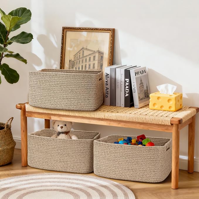 4 Pack Large Storage Basket for Organizing, 17.5"x13"x7" Woven Basket for Shelves, Closet Cube Storage Bins with Wrapped Handle, Cotton Rope Baskets for Kitchen, Clothes, Toys(Natural)) - Image 3