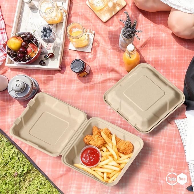 Turbo Bee 100 Pack 8x8inch Natural Take Out Containers with Lids, Large Disposable Clamshell Food Containers for Full Meals, Food Truck, BBQ, Catering & Meal Prep Natural - Image 6