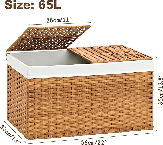 Storage Basket with Lid: Rattan Woven Storage Basket with 2 Separate Lids, 17.2 Gallon (65L), 22 x 13 x 13.8 Inches, Foldable, with 2 Removable Liner Bags & Handles, for Bedroom, Laundry Room, Natural - Image 4