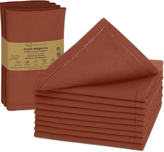Ruvanti Cloth Napkins Set of 12, 100% Cotton High GSM 18x18 Inches, Hem Stitched Corners, Soft, Washable, Highly Durable & Absorbent, Perfect for Parties, Christmas, Thanksgiving Dinners – Rust by Ruvanti