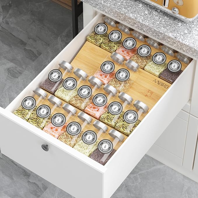 AMBIRD Bamboo Spice Drawer Organizer with Non-slip Mat,4 Tier Jar Spice Rack Tray 9.5'',Seasoning Organizer for Kitchen,Cabinet,Drawers,Countertop by AMBIRD