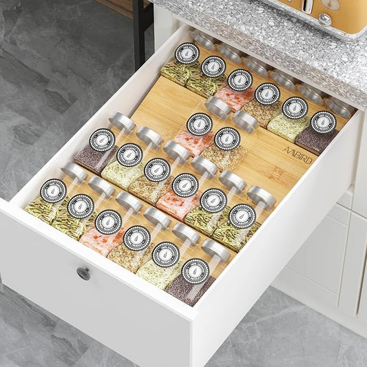 AMBIRD Bamboo Spice Drawer Organizer with Non-slip Mat,4 Tier Jar Spice Rack Tray 9.5'',Seasoning Organizer for Kitchen,Cabinet,Drawers,Countertop by AMBIRD