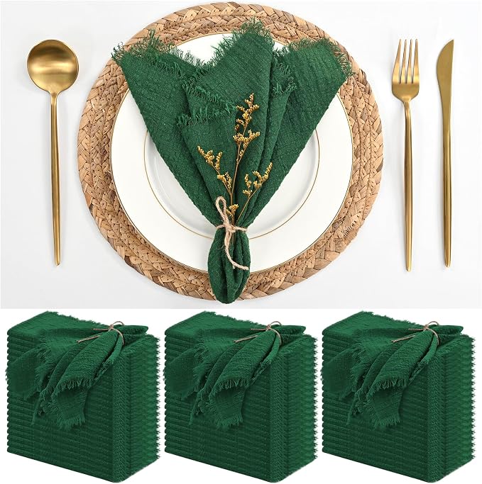 60 Pack Emerald Green Napkins Cotton Linen Napkins 16 x 16 Inch Green Napkins Cloth Handmade with Fringe Soft Napkins Cloth Washable Rustic Dinner Napkins Cloth for Wedding Party Dinner Table by ABKLESACH