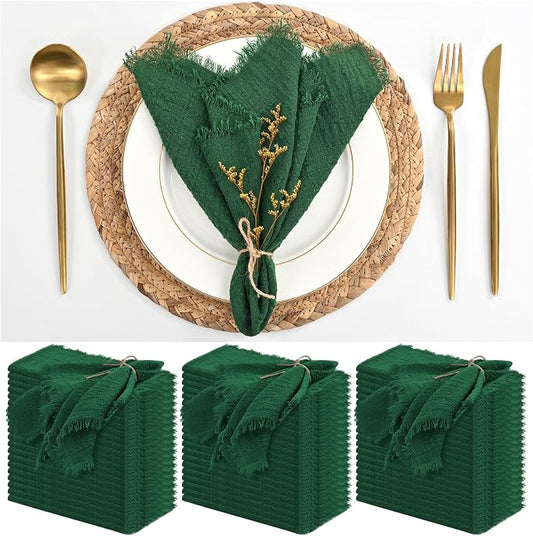 60 Pack Emerald Green Napkins Cotton Linen Napkins 16 x 16 Inch Green Napkins Cloth Handmade with Fringe Soft Napkins Cloth Washable Rustic Dinner Napkins Cloth for Wedding Party Dinner Table by ABKLESACH