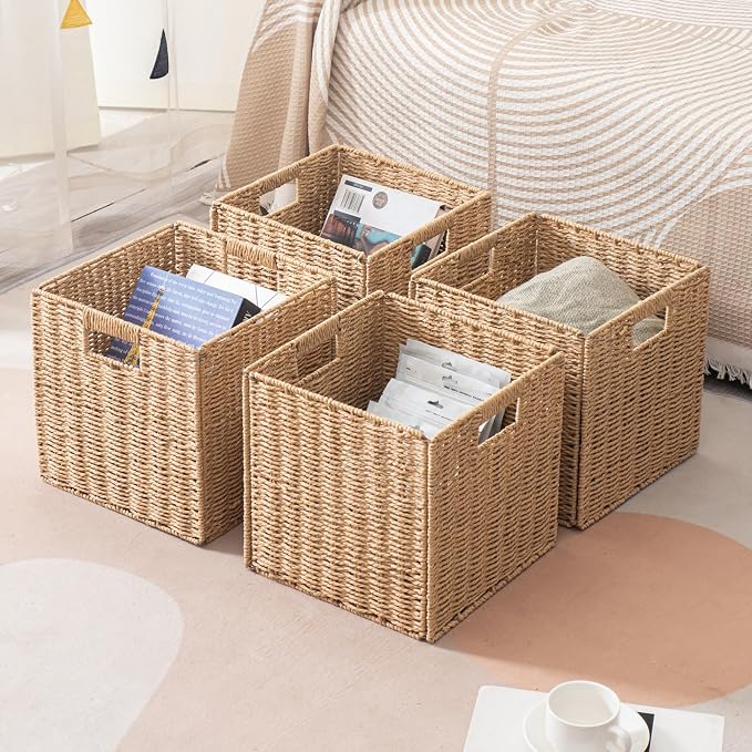 Foldable Storage Cube Bins Set of 4, Paper Woven Square Baskets, Natural, 11" x 11" x 11" - Image 4