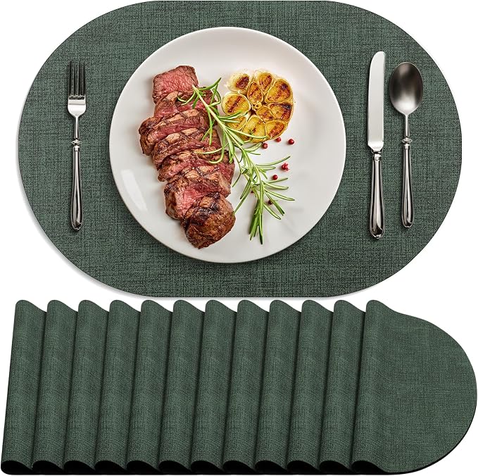 Placemats Set of 12 - Washable Heat Resistant Table Placemats - Wipeable Faux Leather Oval Place Mats, Waterproof Table Mats for Dining Table, Green by Delicateandelegantplacemats