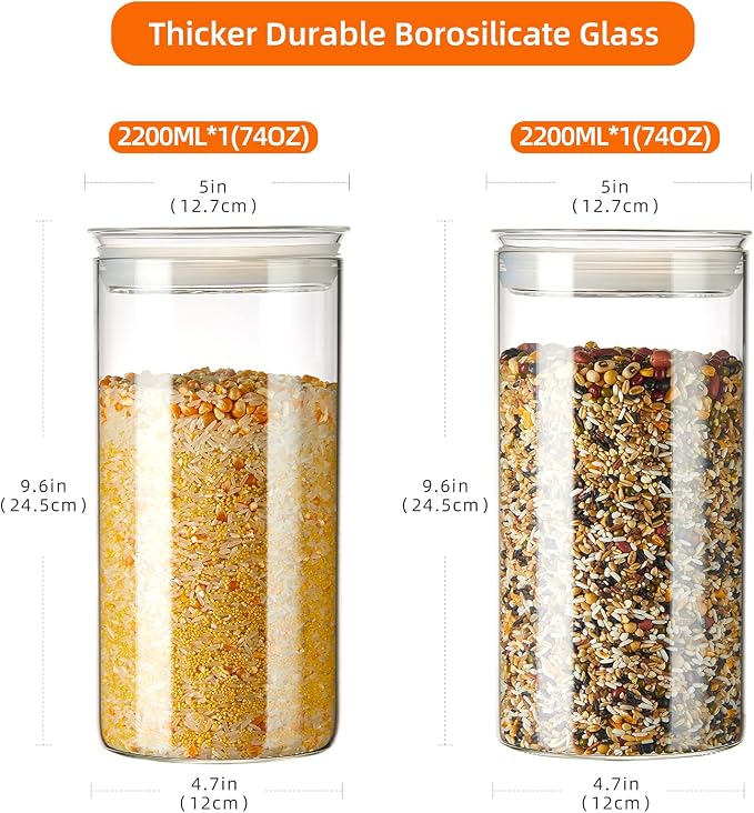 ZENS 74oz Glass Canisters with Airtight Lid, 2 Large Storage Containers | Thick Borosilicate Glass Jars with Airtight Lid, Wide Mouth Food Storage Jars for Kithen Pantry Baking Flour, Rice - Image 3