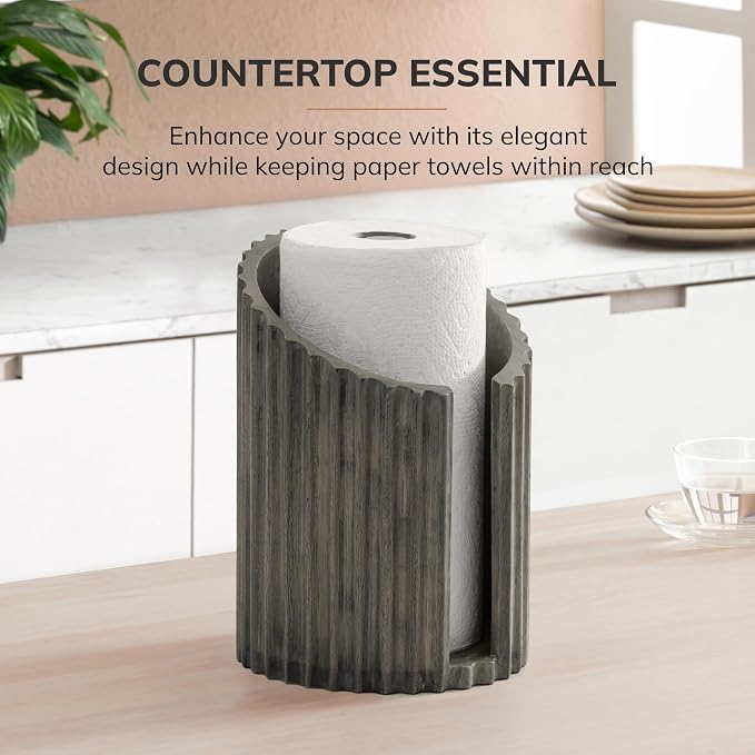 Anji Mountain Wooden Paper Towel Holder with Metal Holder, Holder Stand for Kitchen Roll Organizer & Kitchen Dining Table Home Décor, Countertop Fits Jumbo & Mega Rolls - Greige/Nickel, Fluted - Image 6