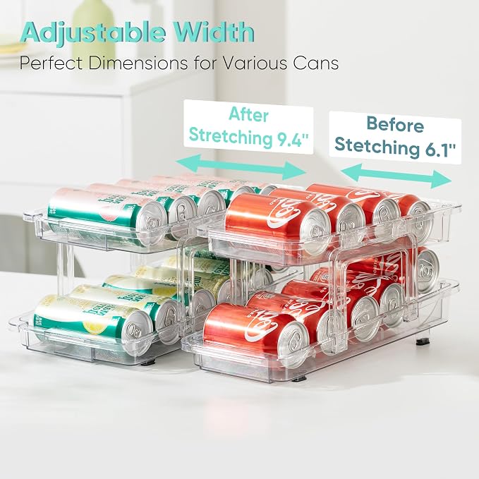 VUSIGN Expandable Soda Can Organizer 2 Pack, Adjustable Width Can Dispenser for Refrigerator 6.1''-9.38'' W, Drink Organizer for Fridge, Can Holder for Standard and Tall Can, Clear - Image 2