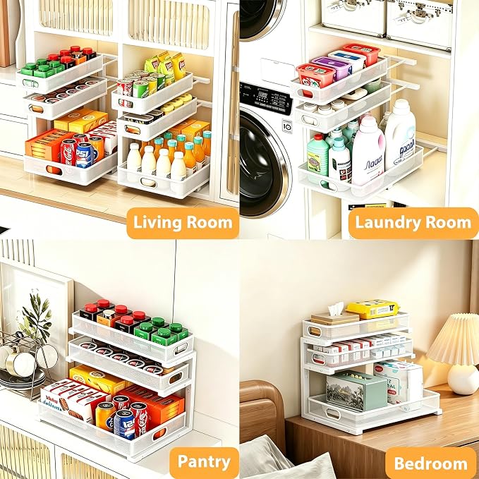 2 Pack Under Sink Organizer, 3-Tier Pull Out Kitchen Cabinet Organizer with 5 Adjustable Heights Metal Slide Out Bathroom Storage Makeup Drawer Rack for Bedroom Office Pantry Home Organization, White - Image 4