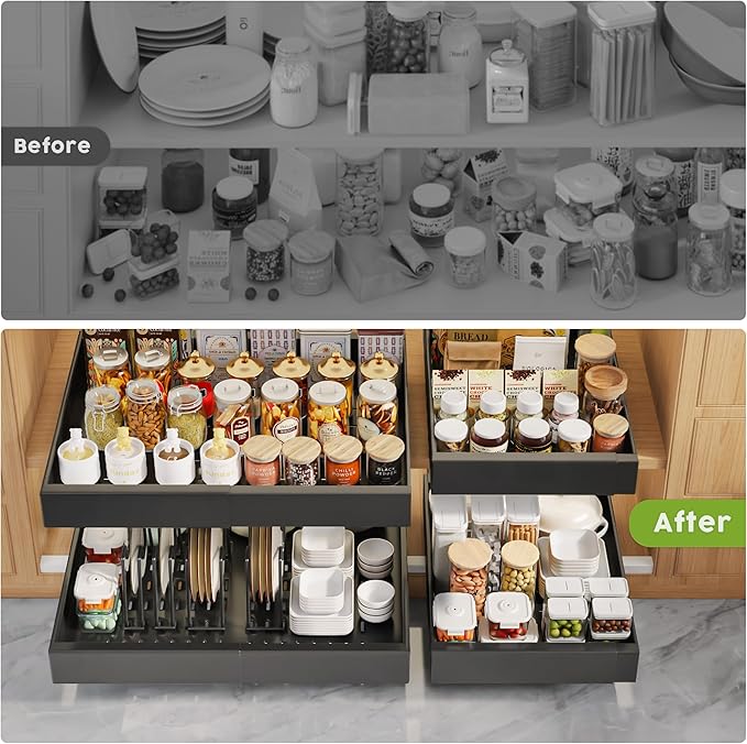 Seinloes 6 Pack Pull Out Cabinet Organizers 21" Deep With Raising Pad for Framed Cabinets, Expandable Slide Out Drawers with 4pcs Divider Racks, Roll Out Shelves, Adjustable Width 12"-20.45" Black - Image 6