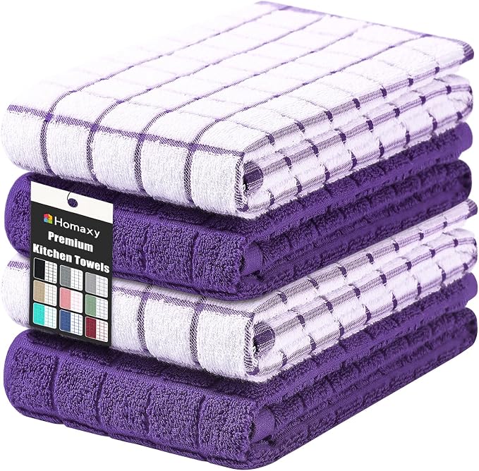 Homaxy Large Premium Cotton Kitchen Towels 16"x 28", 4 Pack, Purple | Natural Ring Spun 390 GSM Dish Towels, Super Absorbent Terry Kitchen Hand Towels, Soft Tea Towels with Hanging Loop by Homaxy