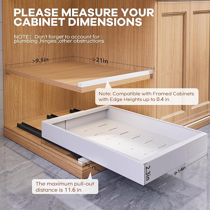 Seinloes 2 Pack Expandable (9"-14") Pull Out Cabinet Organizer 21" Deep With Raising Pad for Framed Cabinets,Upgrade 3 Slide Rails Slide Out Drawers,No Drill Roll Out Shelves Adhesive,White - Image 3