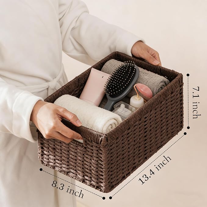 joybest Dark Brown Wicker Baskets for Shelves, Hand-woven Storage Baskets | 13.4L x 8.3W x 7.1H inch for Pantry, Kichen Organizing, Foldable Rectangular Bin with Handles, 4-pack - Image 4