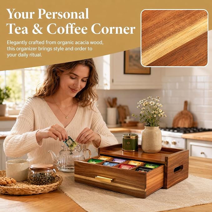 Acacia Wood Tea Bag Organizer 8 Compartment Storage Box & Organizer with Drawer Tea Bag Holder Container Chest,Coffee Station Sugar Packet Display for Countertop, Pantry, Office Cabinet - Image 5
