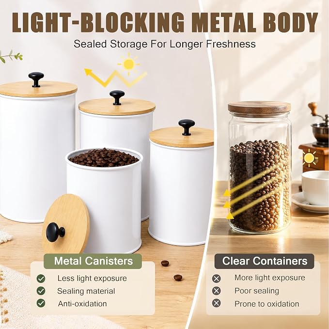 Kitchen Canister Set of 4 Airtight Metal Containers with Bamboo Lids, White | Flour sugar coffee tea canisters set with bamboo lids, customizable chalkboard labels & marker pen - Image 4