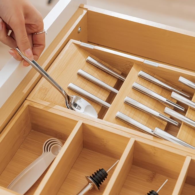 Slanted Cutlery & Flatware Organizer, Bamboo | 3-compartment slanted design, labeled slots, non-slip feet, sustainable bamboo - Image 7