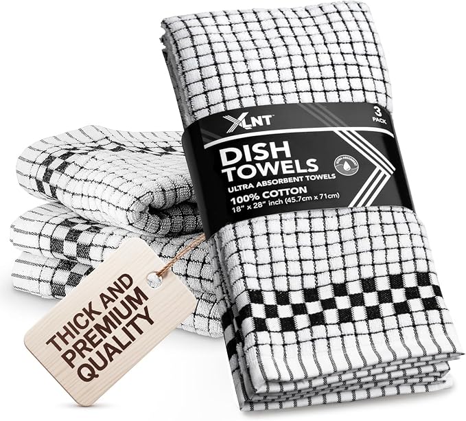 XLNT Highly Absorbent Kitchen Dish Towels 100% Cotton 18x28 inch – Ultra-Thick Dishcloths – Premium Weave for Drying & Cleaning – Soft, Durable & Lint-Free – Pack of 3 Black by XLNT