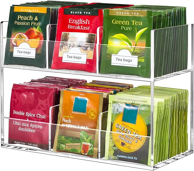 BEYGORM Acrylic Tea Bag Organizer, Countertop Display Holder for Tea Packet | No Assembly Required, Vertical Tea Bag Caddy for Cabinet, Tea bar Accessories, Teabags Storage by BEYGORM
