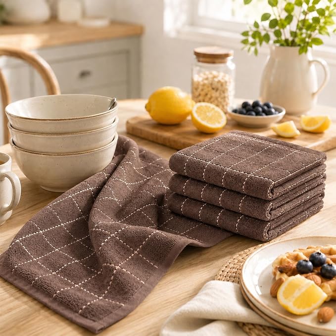 Kitinjoy 100% Cotton Terry Kitchen Towels, 13”x 28”, 6-Pack, Brown | Checkered Designed, Ultra Soft Absorbent Quick Drying Dish Towels - Image 3