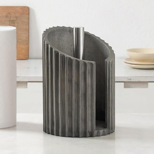 Anji Mountain Wooden Paper Towel Holder with Metal Holder, Holder Stand for Kitchen Roll Organizer & Kitchen Dining Table Home Décor, Countertop Fits Jumbo & Mega Rolls - Greige/Nickel, Fluted by AnjiMountain