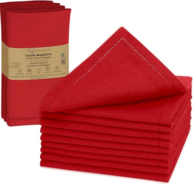 Ruvanti Cloth Napkins Set of 12, 100% Cotton High GSM 18x18 Inches, Hem Stitched Corners, Soft, Washable, Durable & Absorbent, Perfect for Parties, Christmas, Thanksgiving Dinners – Flame Scarlet by Ruvanti