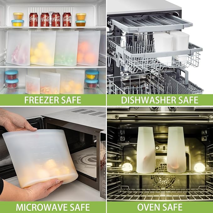 Reusable Storage Bags Extra Large, 0.8 Gallon/101 fl.oz/3000 ml, 4 Pack 100% Silicone Food Storage Bags Stand Up Zip Lock for Large Food Items, Freezer Microwave Oven Dishwasher Safe, Translucent - Image 6