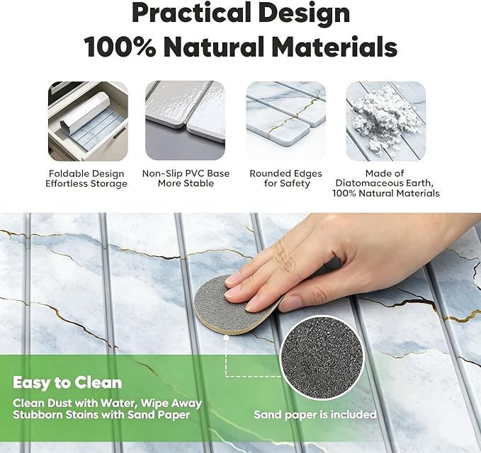 Stone Drying Mat for Kitchen Counter, Quick Diatomaceous Earth Mats for Dishes, 24"L x 16" W Super Absorbent Fast-Drying Collapsible Countertop Stone Mat (Marble White-09, 24" x 16") - Image 5