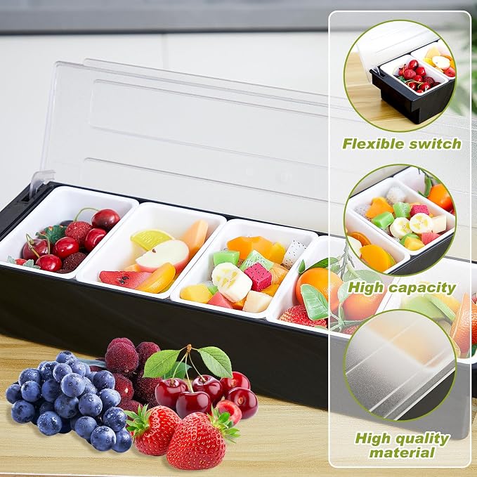 Tessco for you Garnish Tray with Lid Bar Caddy Ice Cooled Condiment Serving Container with Ice Scoop Metal Mini Serving Tongs Fruit Fork Spoons for Food Home Party Kitchen(Plastic,5 Grids) - Image 4