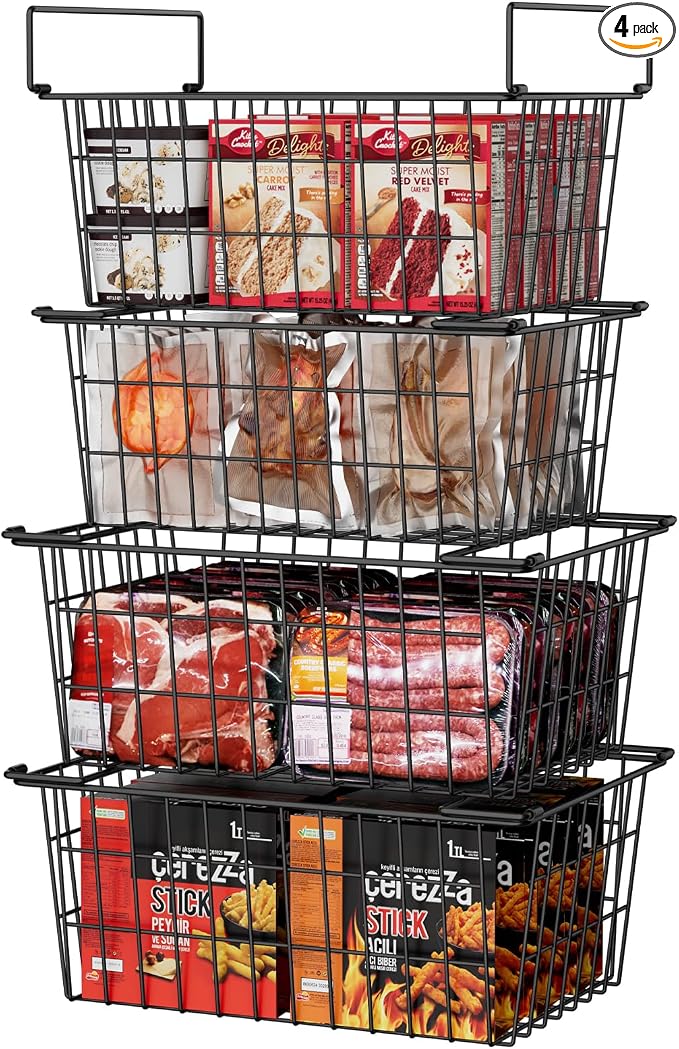 Orgneas Freezer Organizer Bins Baskets for Chest Deep Freezer 4Pcs | Large Metal Wire Stacking Container Organizer and Storage Baskets for Freezer Sort Frozen and Meats by Orgneas