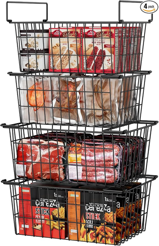 Orgneas Freezer Organizer Bins Baskets for Chest Deep Freezer 4Pcs | Large Metal Wire Stacking Container Organizer and Storage Baskets for Freezer Sort Frozen and Meats by Orgneas