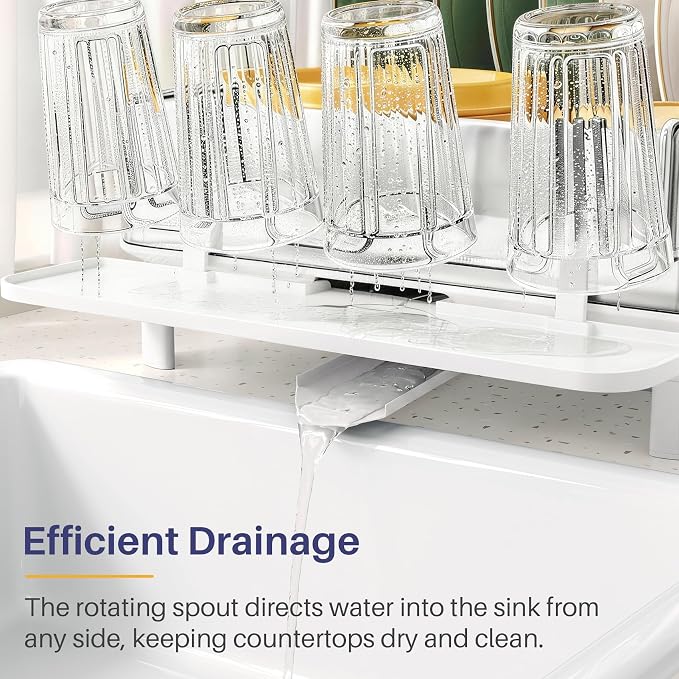 SNTD 304 Stainless Steel Dish Drying Rack for Small Kitchen Counter, White | Rustproof, Large Capacity, Heavy-Duty Frame, Rotating Spout, Angled Drainboard, Removable Cup & Utensil Holder - Image 7