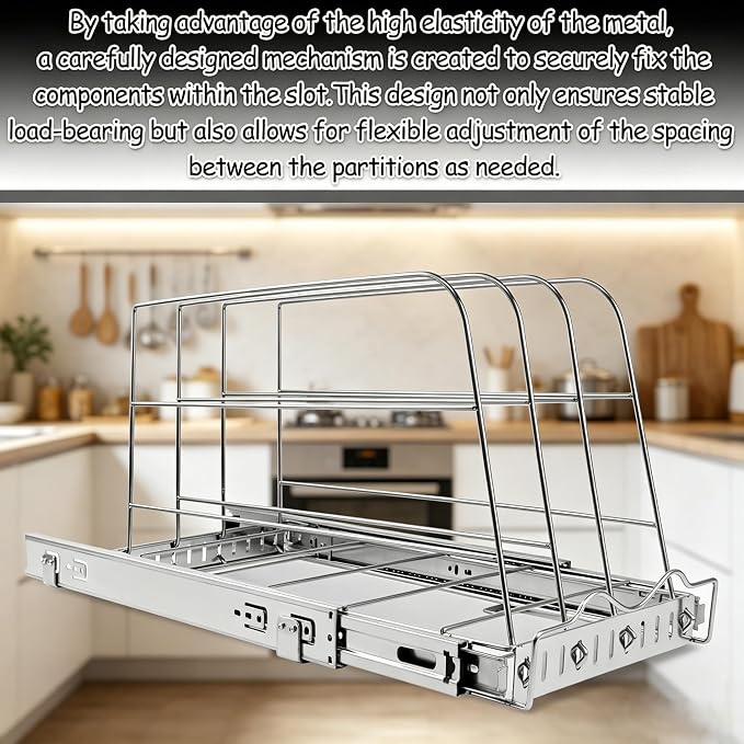 Pull Out Baking Pan Organizer for Cabinet, Cookie Sheet, Cutting Board, Tray Organizer for Cabinet, Adjustable, 22.5"D x11"H x 9"W, Pull/Slide Out Organizer-Heavy Duty, Chrome steel, 50-Year Warranty - Image 4