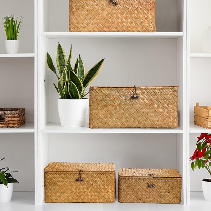 6 Pcs Seagrass Basket with Lid Wicker Storage Decorative Boxes with Lids Bin Woven Organizer for Shelf Closet Bedroom, 6 Sizes(Classic Style,Yellow Brown) - Image 4