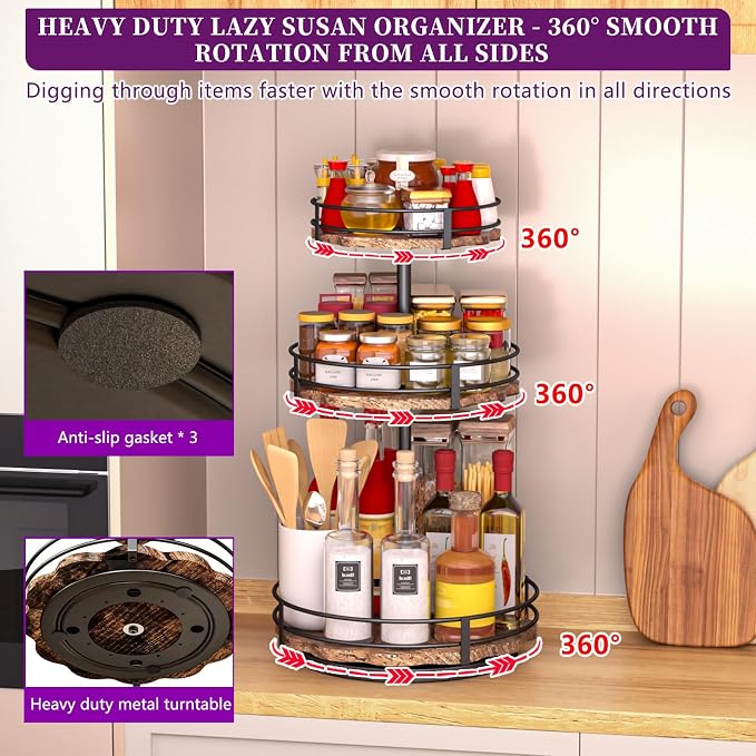 Heavy-Duty 3-Tier Lazy Susan Organizer, Adjustable to Different Heights, Countertop Spice Rack, Upgraded Thickened Wooden Board, Suitable for Seasoning Organizer, Kitchen Organization（2 Pack） - Image 2