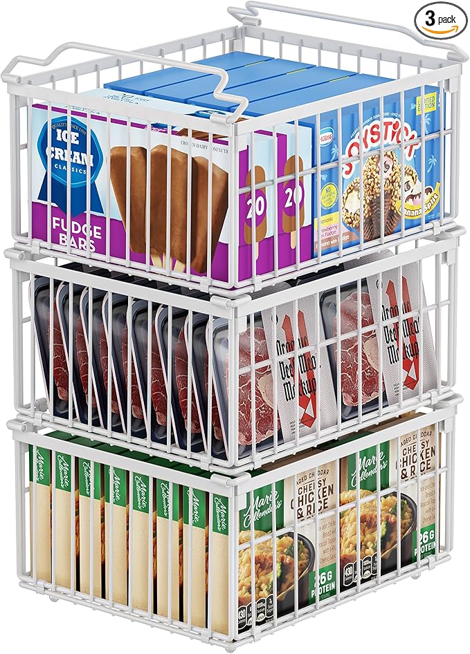 Freezer Organizer Bins, 3 Pack Enlarged Baskets for 5-9 Cu.FT Deep Freezer | Stackable Chest Freezer Organizer Bins, Foldable with Handles, White Storage Container Baskets for Sort Frozen Meats by MSERCUOR