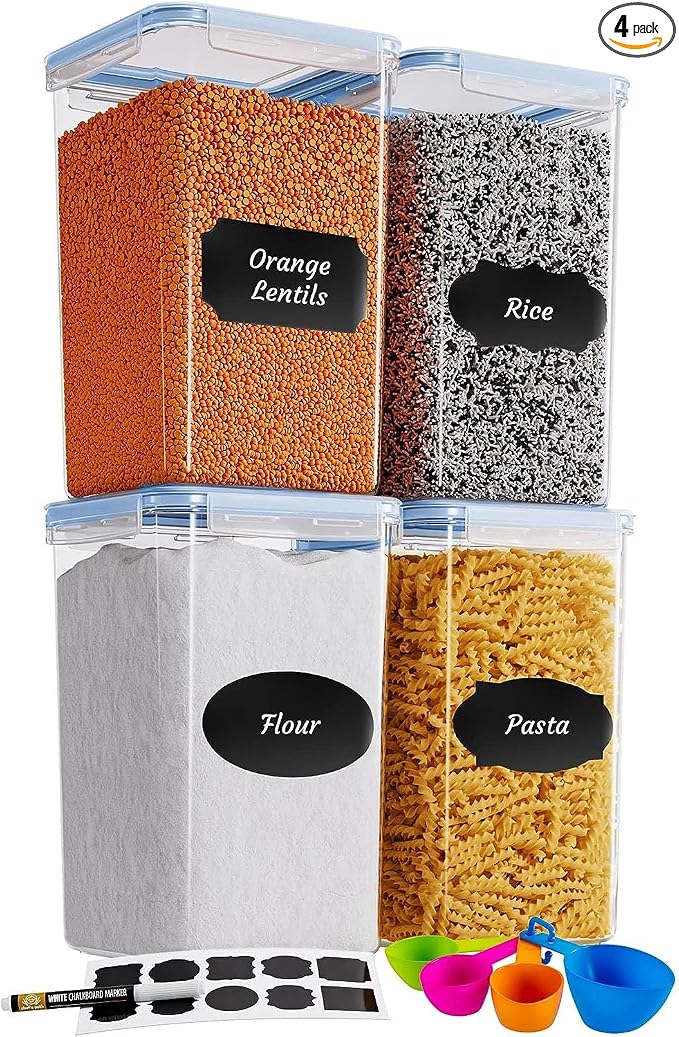 Chef's Path Extra Large Airtight Food Storage Containers with Blue Lid Color, Pack of 6, Kitchen and Pantry Canisters for Flour, Sugar, and Baking Supplies, Includes Measuring Spoons, Labels, and Pen by ChefsPath