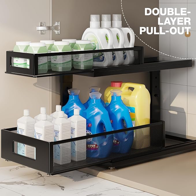 2 Pack 18.5IN-Depth Under Sink Organizer With Next-Gen Ball-Bearing Slides,2-Tier Pull Out Cabinet Storage,Height Adjustable Drawer Shelf for Bathroom,Kitchen,Laundry,Cabinet,Pantry-Black - Image 4