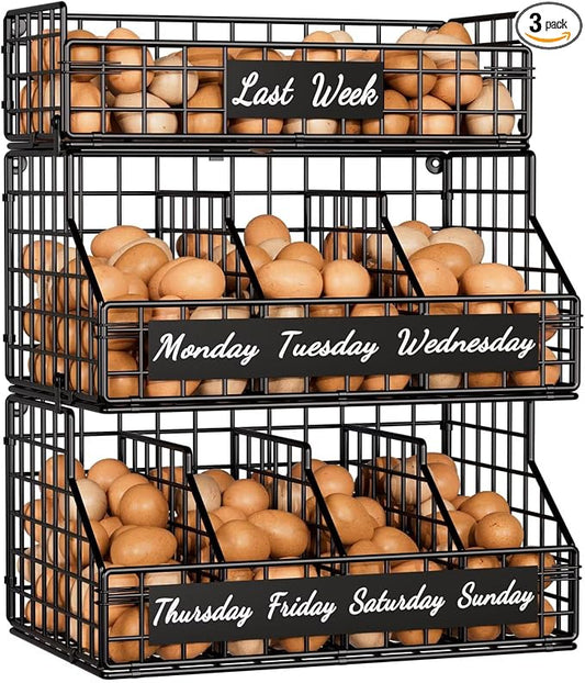 Egg Holder Countertop with Dividers & Labels, 3 Tier Stackable Chicken Egg Holder Egg Baskets for Gathering Fresh Eggs, Egg Organizer for Egg Storage, Wall-Mounted, Black by FAMIDGE