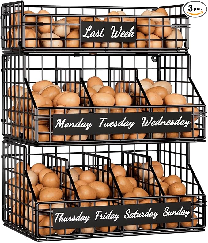 Egg Holder Countertop with Dividers & Labels, 3 Tier Stackable Chicken Egg Holder Egg Baskets for Gathering Fresh Eggs, Egg Organizer for Egg Storage, Wall-Mounted, Black by FAMIDGE