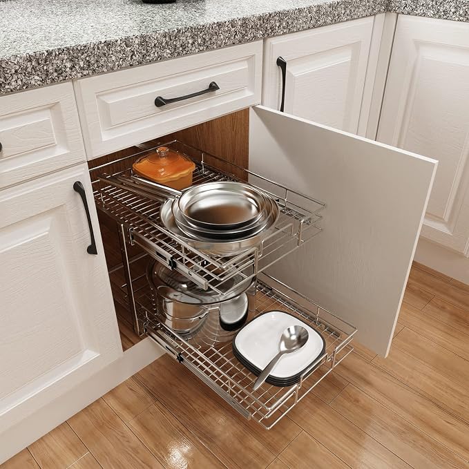 ROOMTEC Individual Pull Out Cabinet Organizer (14"W x 18"D), 2 Tier Spice Rack Organizer for Cabinet, Slide Out Drawer Pantry Shelf Organization and Storage for Kitchen Bathroom - Image 6