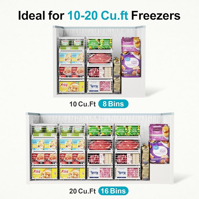 Freezer Organizer Bins - Wire Baskets for Frozen Food, 4 Pack White | For 10 to 20 Cu. Ft Chest Freezers, Stackable Deep Freezer Organizer Bins with Handles, Easy Food Access and Restocking - Image 2