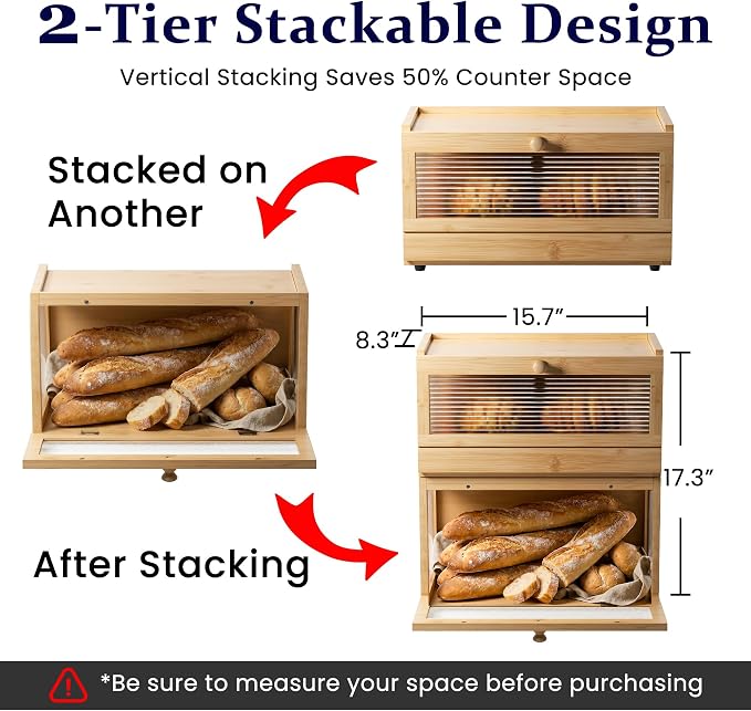 Stackable Bread Box for Kitchen Countertop, 2 Tier Bamboo Bread Storage Container Holder Bin for Baked Goods Snacks Farmhouse Breadbox with Acrylic Window for Pantry Cabinet Cupboard, Natural - Image 2