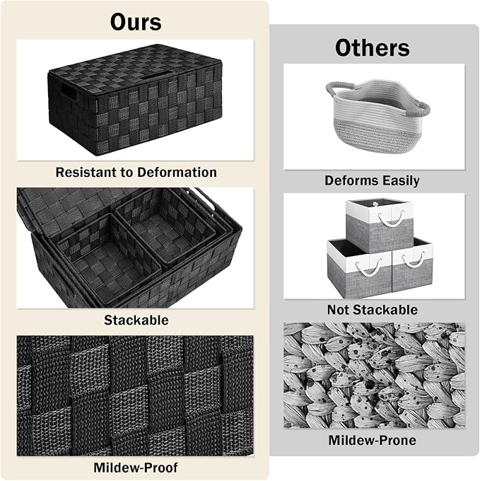 Storage Baskets with Lids: 5 Pack Stackable Woven Storage Bins, Black | Decorative Woven Baskets for Organizing with Built-In Handles for Shelves, Closets, Cabinets and Cubbies, Gift Small Basket - Image 5