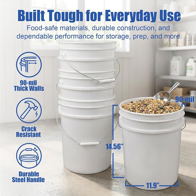 5 Gallon Bucket - Food Grade w/Lid BPA-Free, White/Blue, 3 | Airtight Gamma Seal Screw-On Lid, Heavy-Duty 90 Mil HDPE Plastic, Food Safe and Durable Container, Bulk Storage, Made in USA - Image 4